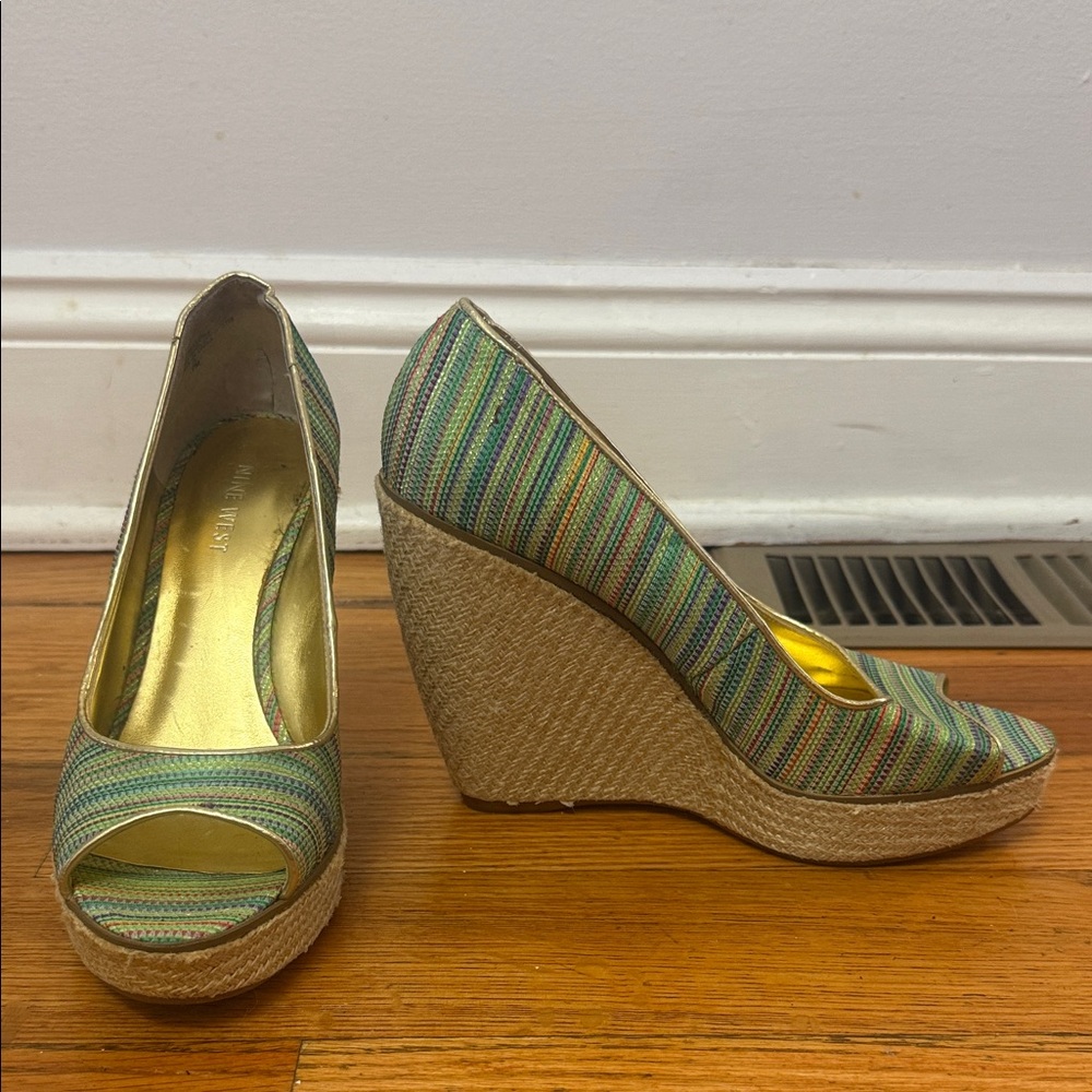 Striped Wedge Peep-Toe Espadrilles